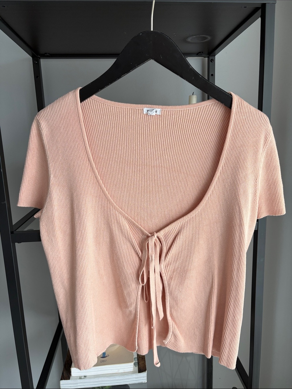 205 Ribbed Tie-Front Short Sleeve Top — Blush Pink